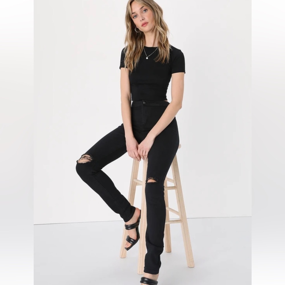 Lulus Practice Makes Perfect Black High-Distressed Waisted Skinny Jeans